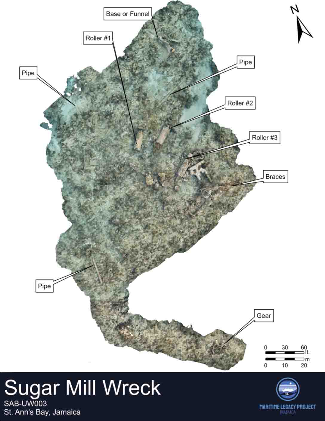 A map of the "Souvenir" shipwreck that identifies different parts of the ship.