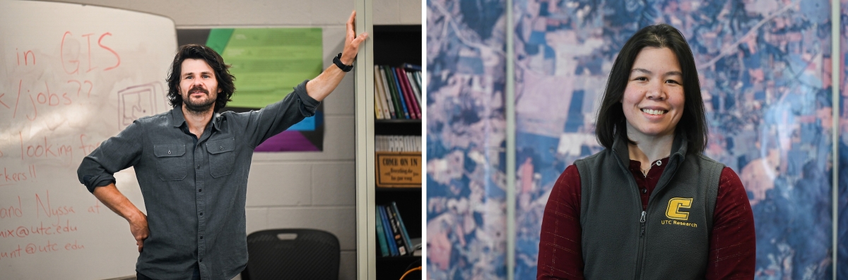 Charlie Mix, standing in front of a grease board with one hand against the wall, and Nyssa Hunt against a backdrop of a GIS map