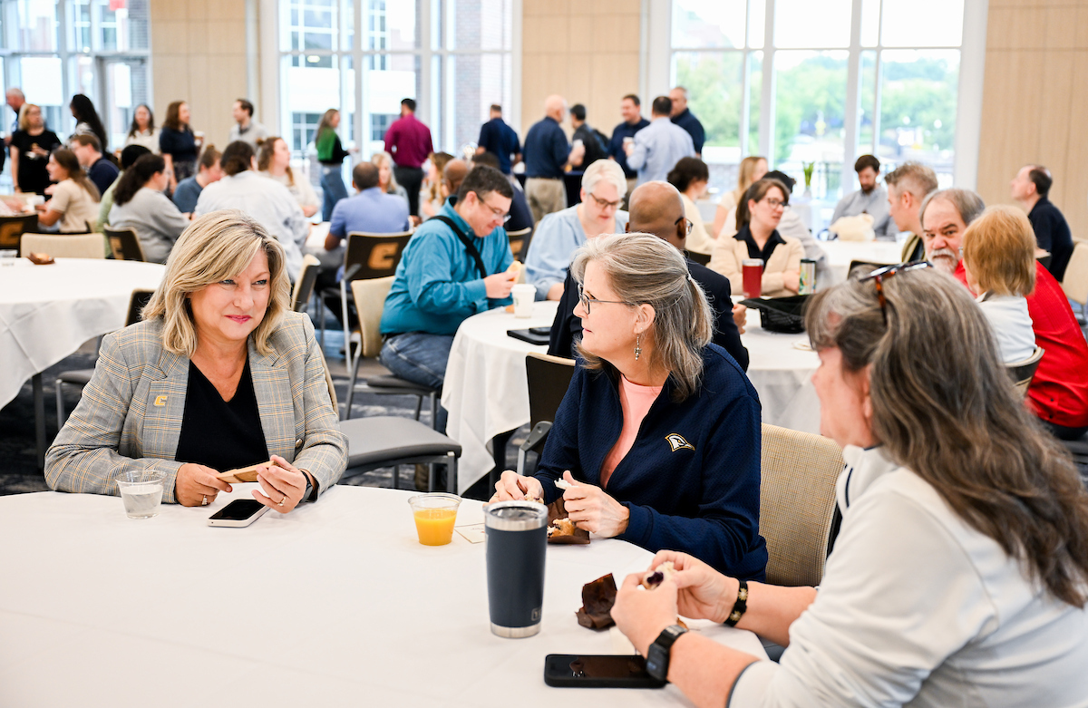 Chancellor Lori Bruce (in gray sport coat) talks to attendees Wednesday, Sept. 17, 2025 at Coffee with the Chancellor in Wolford Athletic Center.