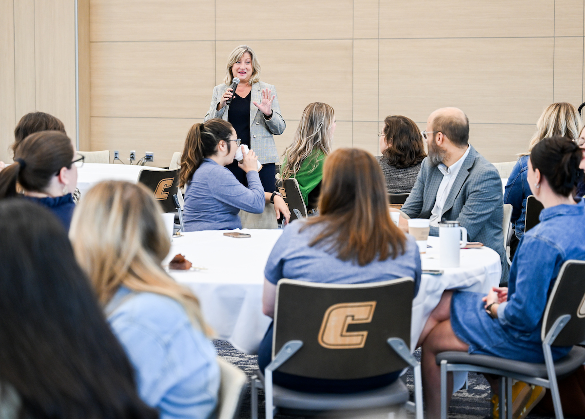 Chancellor Lori Bruce (in gray sport coat) talks to attendees Wednesday, Sept. 17, 2025 at Coffee with the Chancellor in Wolford Athletic Center.