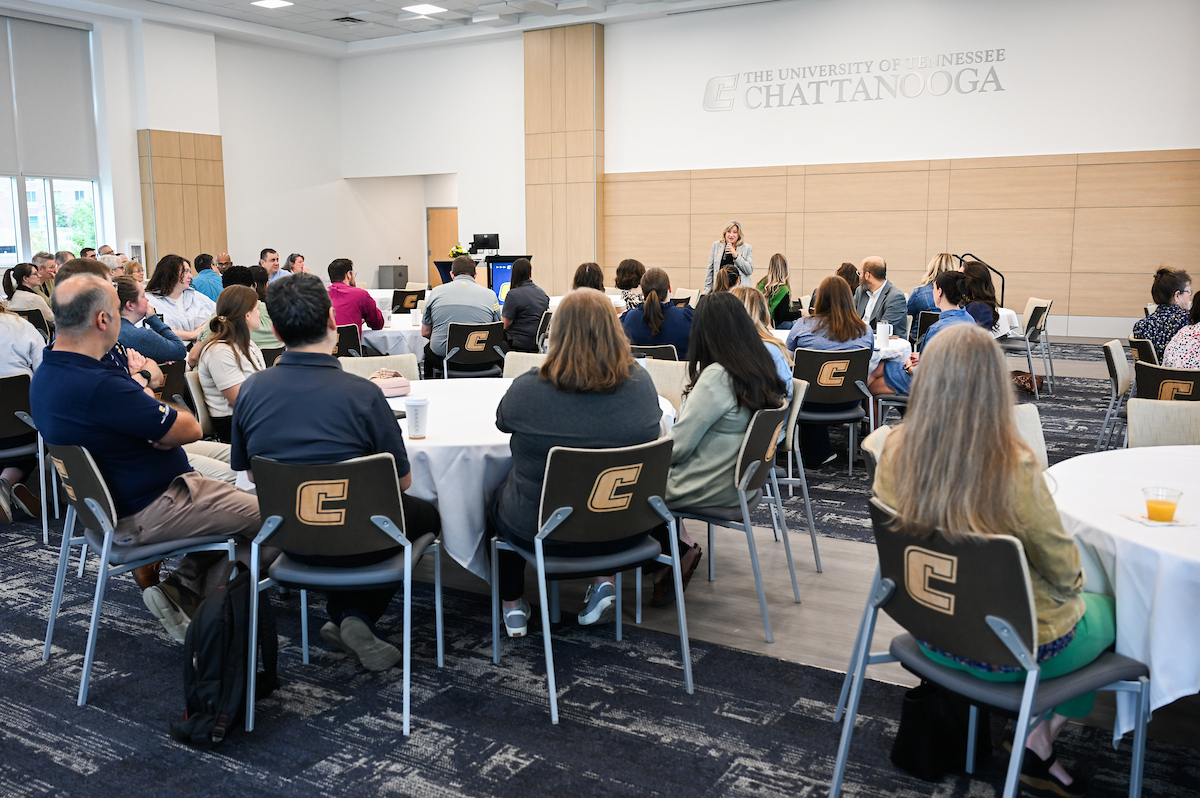 Chancellor Lori Bruce (in gray sport coat) talks to attendees Wednesday, Sept. 17, 2025 at Coffee with the Chancellor in Wolford Athletic Center.