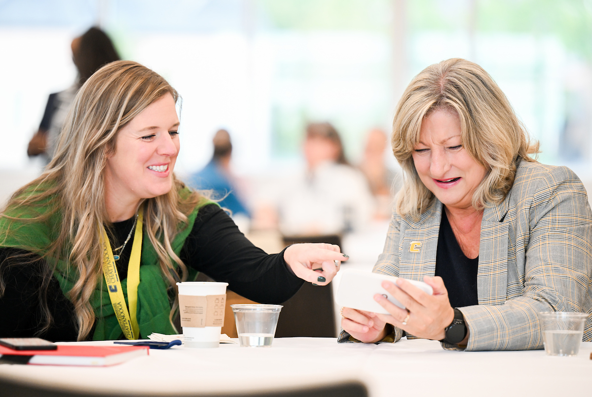 Chancellor Lori Bruce (in gray sport coat) talks to attendees Wednesday, Sept. 17, 2025 at Coffee with the Chancellor in Wolford Athletic Center.