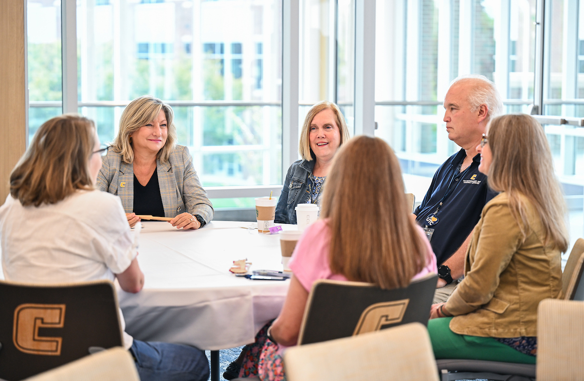 Chancellor Lori Bruce (in gray sport coat) talks to attendees Wednesday, Sept. 17, 2025 at Coffee with the Chancellor in Wolford Athletic Center.