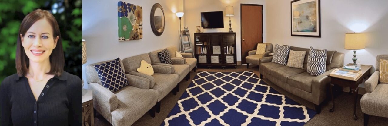 On the left, a woman with straight brown hair and blue eyes smiles while standing outdoors, wearing a black top against a blurred green background. On the right, a cozy counseling or waiting room features gray sofas and chairs with patterned pillows, a navy and white geometric rug, lamps, wall art, and a TV mounted above a cabinet with books and baskets.