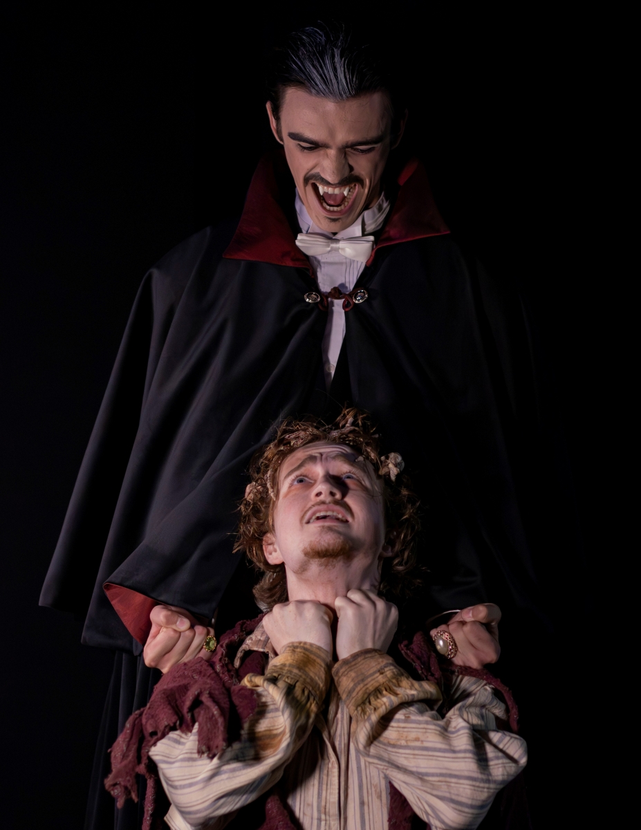 Dracula is played by sophomore Theatre minor Liam Phillips. Renfield (dirty striped shirt) is played by junior Theatre and Communications double major Cooper Lebo.