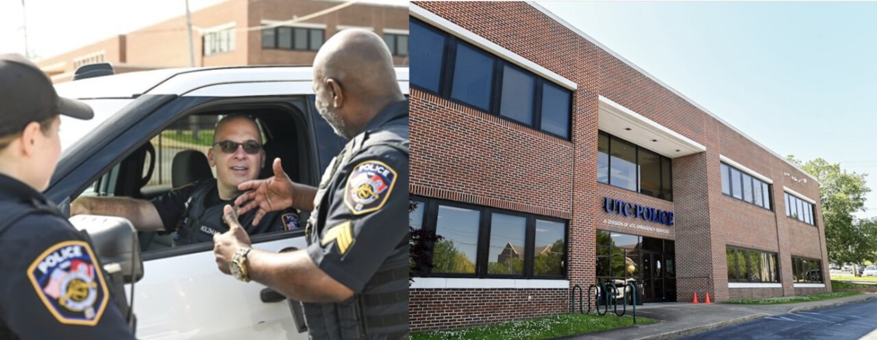 On the left, three UTC Police officers talk near a patrol SUV — one seated inside the vehicle smiling, while two stand outside, one gesturing with his hands. On the right, the exterior of the UTC Police Department building is shown, a two-story brick structure with large windows and a sign reading “UTC Police” above the entrance.