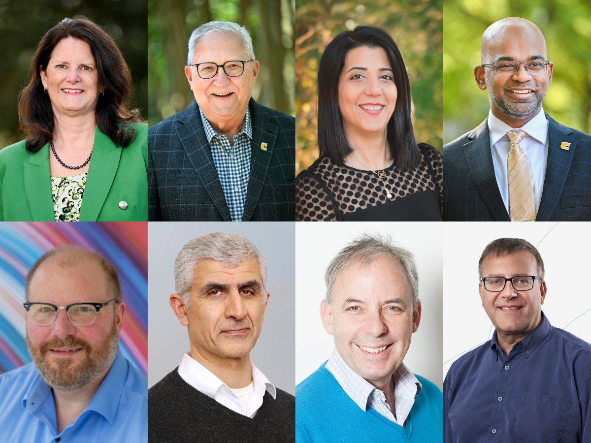 Top row, from left: Dr. Pamela Riggs-Gelasco, Dr. Reinhold Mann, Dr. Mina Sartipi, Dr. Kumar Yelamarthi. Bottom row, from left: Dr. Nicholas Peters, Dr. Hossein Sadeghpour, Dr. Mark Saffman, Dr. Jim Shaffer.