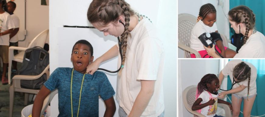 Photos of Gillian Morton examining some of the summer campers