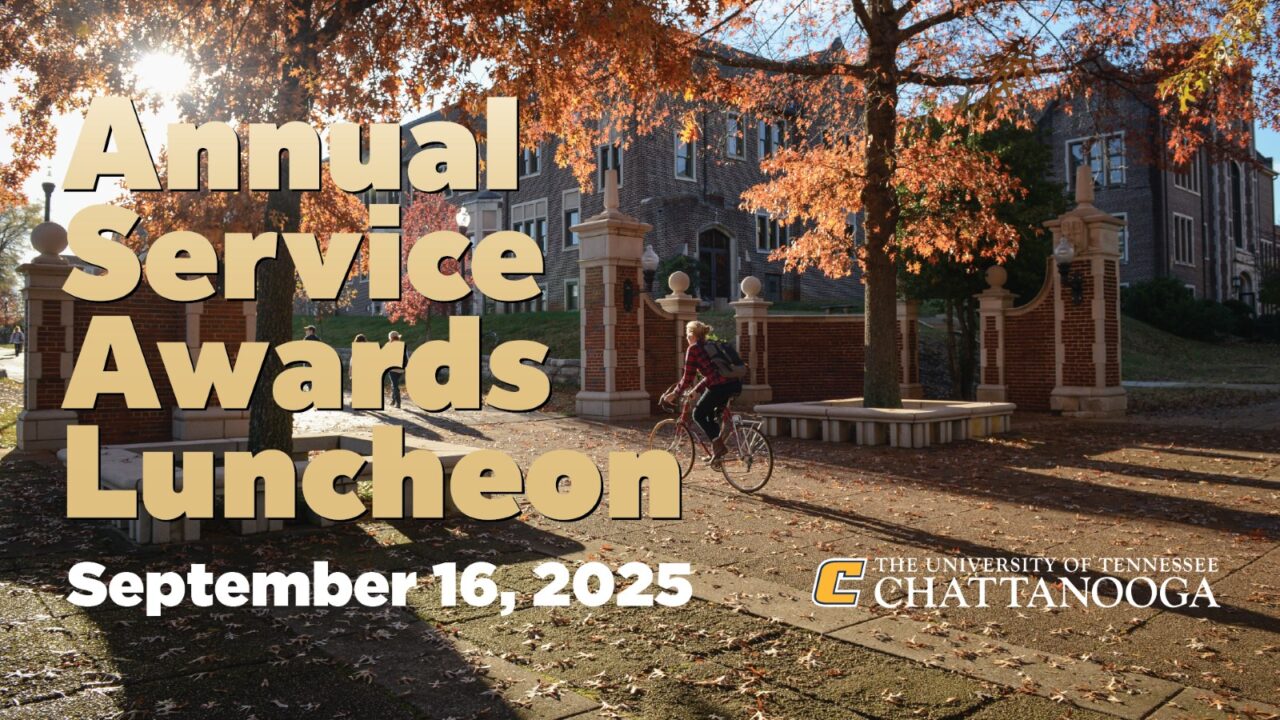 A picture of a fall day at UTC which includes the words "Annual Service Awards Luncheon September 16, 2025"