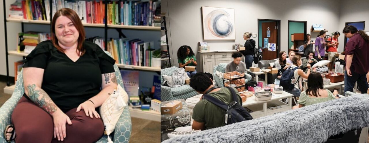 On the left, a person with red hair sits smiling in a teal-patterned chair, with bookshelves of color-organized titles behind them. On the right, a busy lounge area shows students gathered around tables and couches, talking, working, and unpacking items in a comfortable space with soft seating and wall art.