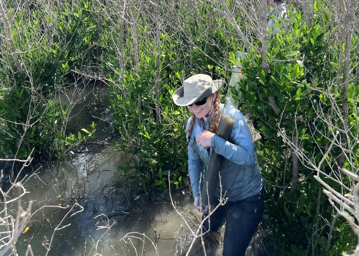 Rebecca Nix doing collecting soil samples during fieldwork