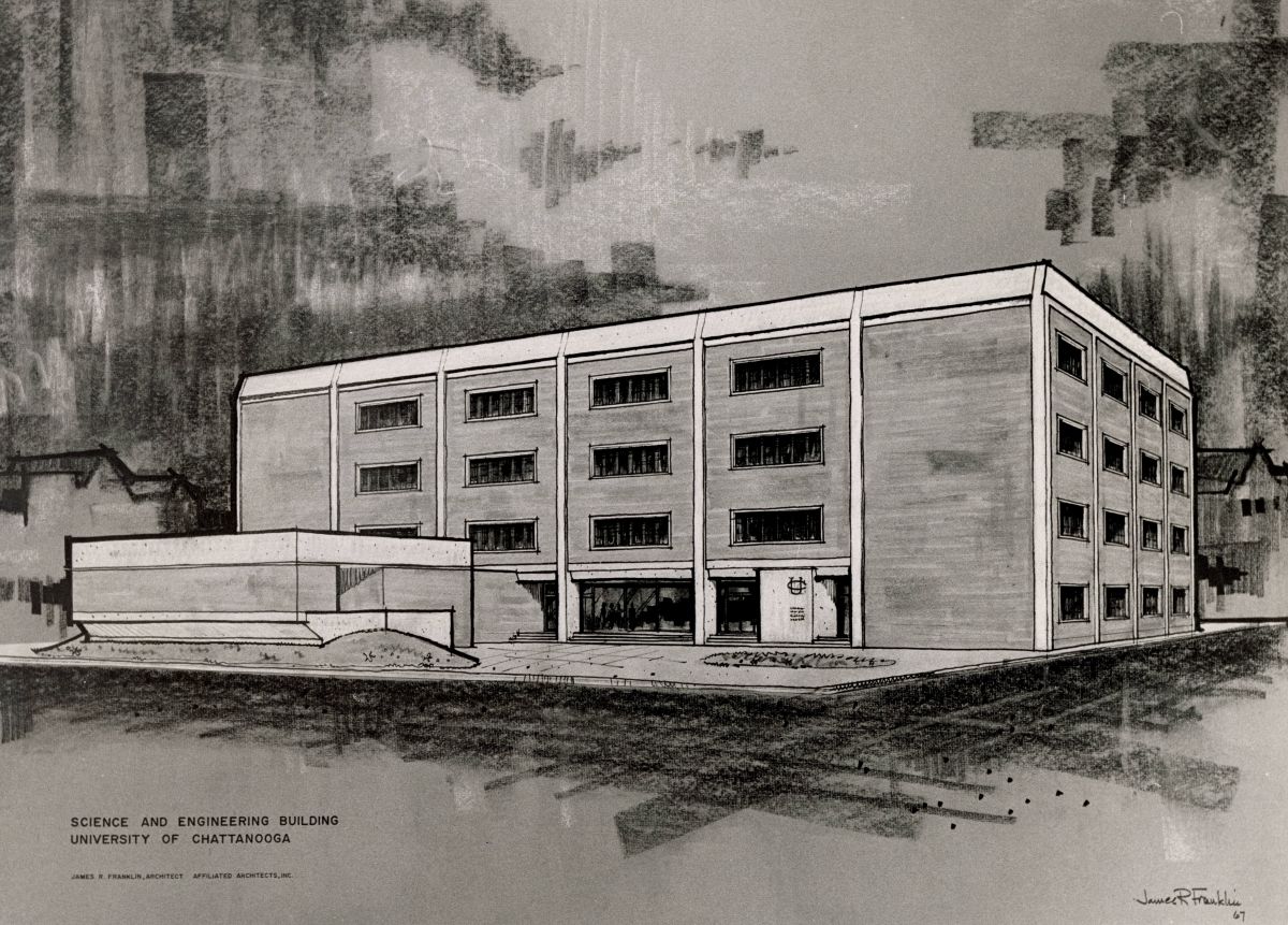 Architectural sketch of Grote Hall exterior