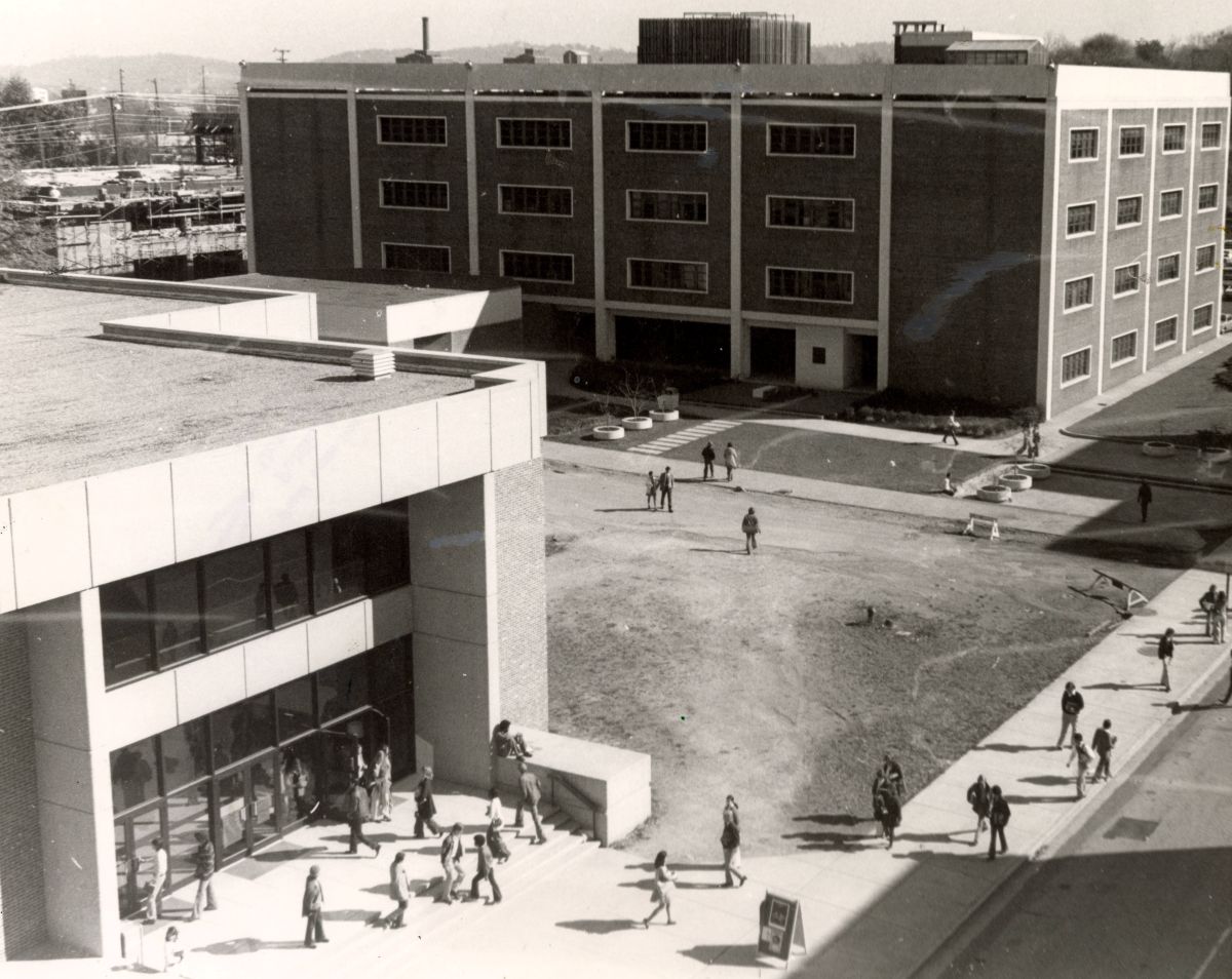 Black-and-white photograph of Grote Hall exterior, bird’s-eye view.