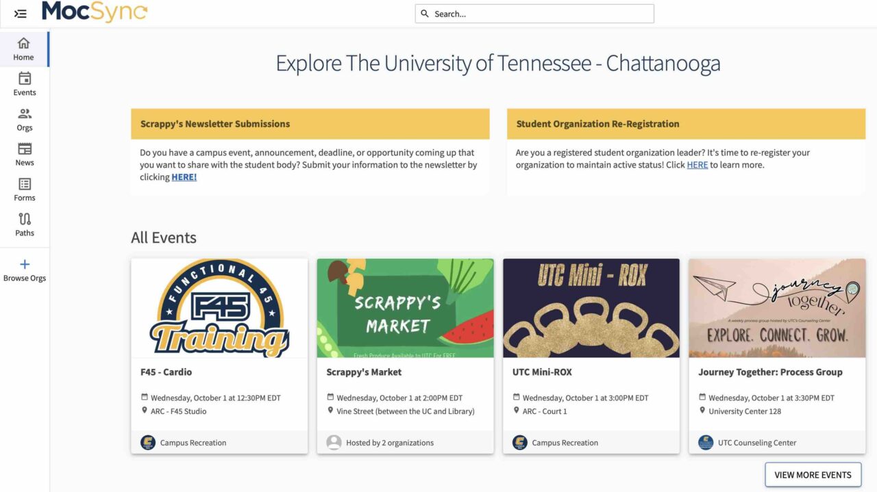 Screenshot of the MocSync platform homepage for the University of Tennessee at Chattanooga. The page header reads “Explore The University of Tennessee – Chattanooga.” Below are two yellow alert boxes: one for “Scrappy’s Newsletter Submissions” and one for “Student Organization Re-Registration,” each with clickable links. Under “All Events,” four event cards are shown: