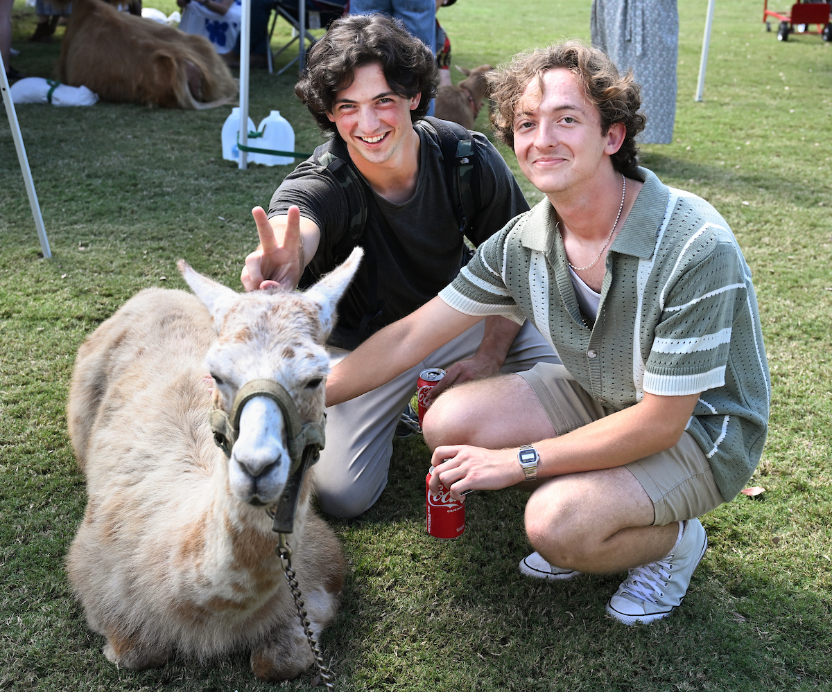 Two students kneeling on grass and smiling at the camera while petting a small cream-colored llama; one flashes a peace sign and the other holds a soda can.