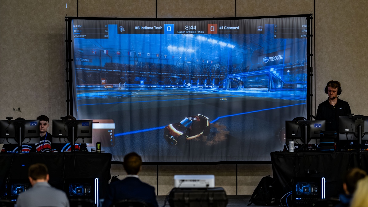 Main screen on the Chattanooga Convention Center Comic Con esports hall showing a projection of a live Rocket League contest
