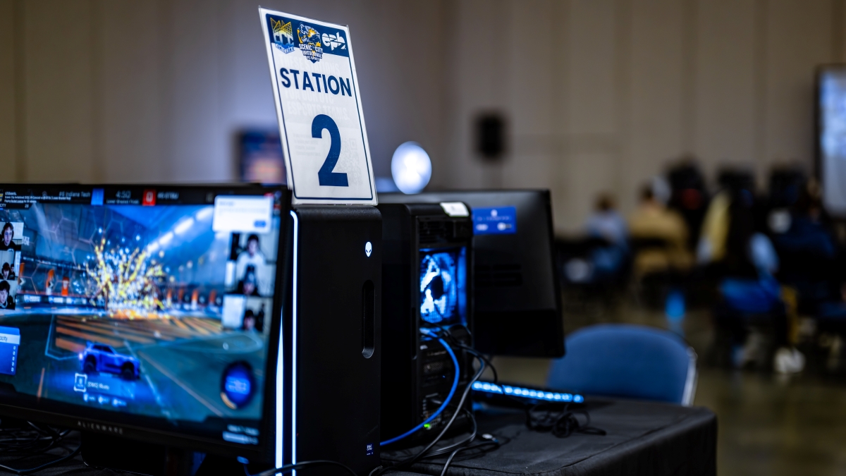 A computer at Station 2 showing a Rocket League video scene