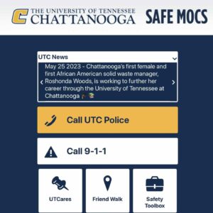 Screenshot of the Safe Mocs safety app for the University of Tennessee at Chattanooga. The top shows the UTC logo and the text “SAFE MOCS.”