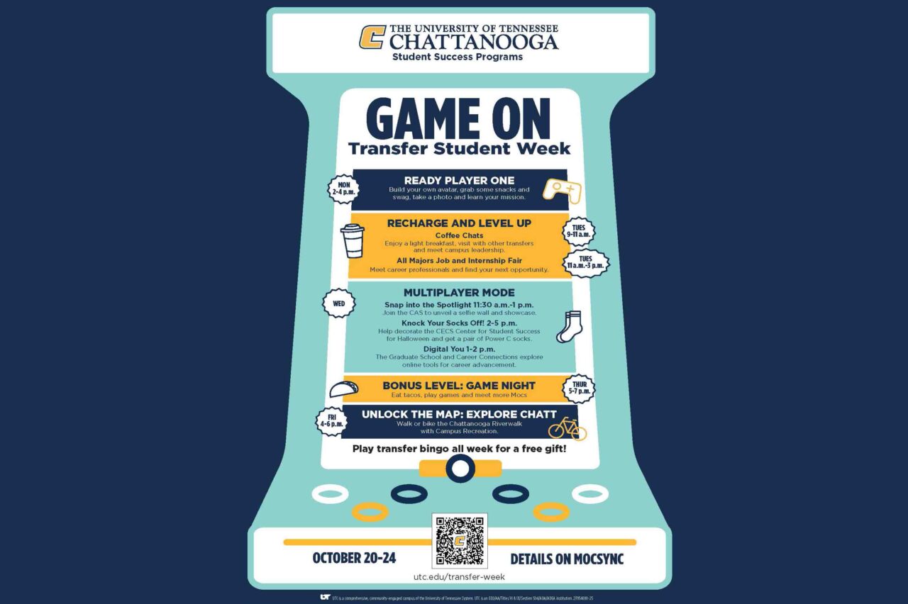 Promotional poster for the University of Tennessee at Chattanooga’s “Game On: Transfer Student Week,” hosted by Student Success Programs from October 20–24.