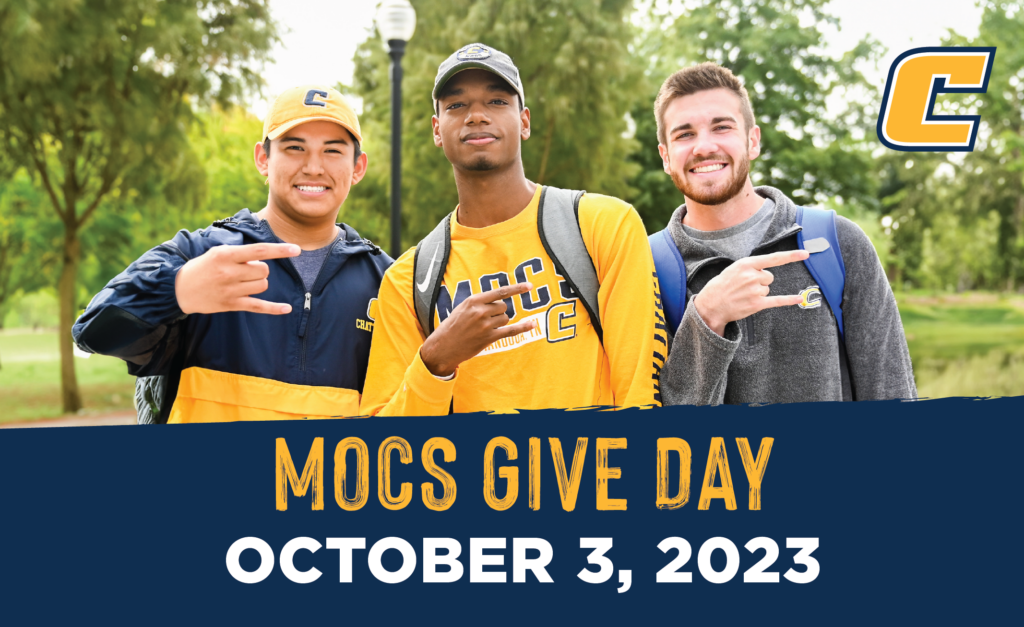 Mocs Give Day, Oct. 3 2023 with photo featuring 3 students holding up the power c symbol.